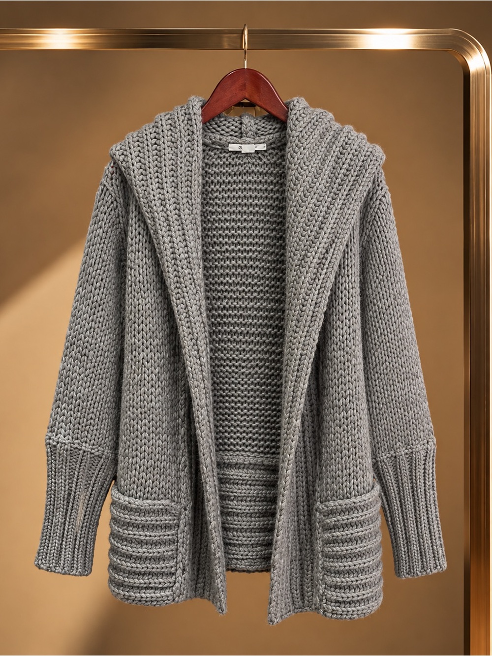 Duffy Chunky Hand Knit Hooded Cardigan Gray Merino Alpaca Open Front Pockets XS